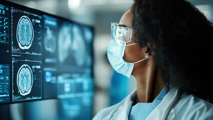 Poster - Black female doctor wearing protective,examining digital X-ray scan on futuristic screen, representing artificial intelligence in diagnostics,healthcare innovation,medical technology hospitals.