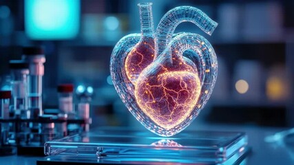 Poster - Futuristic holographic heart projection in an advanced research laboratory, symbolizing cardiology, digital medicine, biomedical innovation, and high-tech healthcare visualization