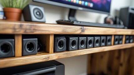 Aufkleber - cable management under wooden desk using black velcro straps showcasing organized wiring setup for efficient workspace arrangement close up view,photo stock