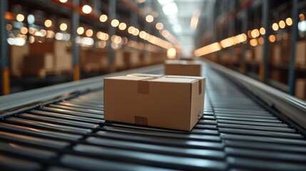 Poster - cardboard boxes moving on conveyor belt in distribution warehouse,stock photo