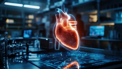 Poster - Futuristic holographic heart projection in an advanced research laboratory, symbolizing cardiology, digital medicine, biomedical innovation, and high-tech healthcare visualization