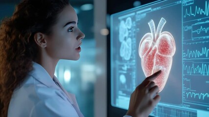 Poster - Female scientist analyzing a futuristic holographic heart display in a high-tech medical laboratory,symbolizing advancements in cardiology, artificial intelligence,digital healthcare technology