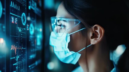 Poster - Female scientist in a futuristic laboratory interacting with a holographic medical display, symbolizing AI-driven diagnostics, healthcare technology, and the future of digital medicine