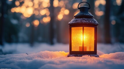 Poster - christmas lantern in snow,winter forest background winter decoration background,christmas lights,stock image