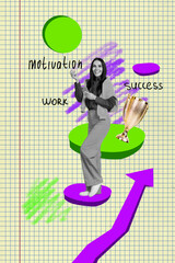 Poster - Creative pop collage of young girl use gadget on yellow background with trophy arrows