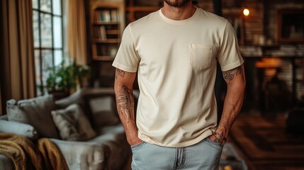 Poster - close up of a young man wearing a blank beige t shirt,hands in pockets perfect for showcasing your apparel design,stock photo