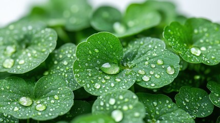 Poster - close up of centella asiatica leaves,dew drops on pure white background