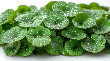 Poster - close up of centella asiatica leaves,dew drops on pure white background,stock photo
