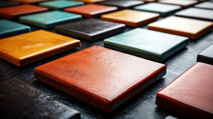 Wall Mural - Colorful square tiles arranged on dark surface, modern design