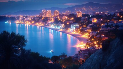 Poster - coastal city at dusk,vibrant lights,stock photo