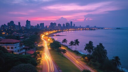 Poster - coastal city at dusk,vibrant lights