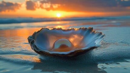 Poster - coastal sunset reveals an oyster,a lustrous pearl on a sandy beach