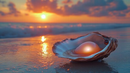 Poster - coastal sunset reveals an oyster,a lustrous pearl on a sandy beach,stock image