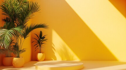 Aufkleber - Empty podium with tropical plants illuminating a yellow wall for product placement