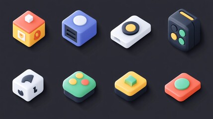 Poster - Set of colorful isometric app icons representing various functions and features
