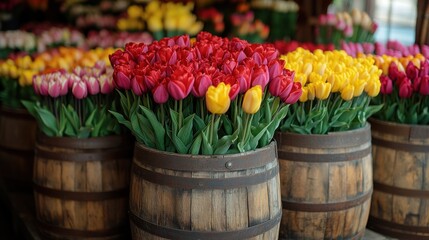 Aufkleber - colorful tulips displayed in wooden barrels at a flower shop during springtime,stock photo