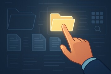 Aufkleber - Digital Filing: A hand selects a glowing folder from a digital interface, representing file management and data organization in a clean, modern design.