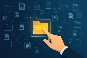 Fototapete - Digital Navigation: A luminous hand points towards a highlighted folder, surrounded by interconnected digital documents and folders, symbolizing the ease of online file management.