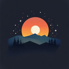 Poster - Bright sun shining behind mountains and pine trees at night with stars