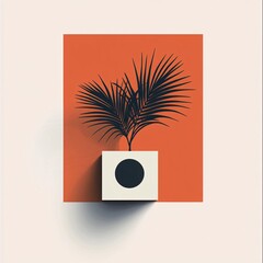 Poster - Tropical plant growing in square pot with geometric design on orange background