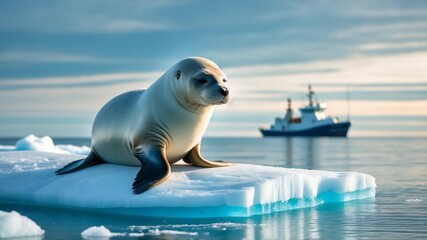 Wall Mural - marine wildlife of the arctic. adorable seal in a snowy environment. bearded seal on blue and white 