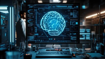 Poster - Medical researcher analyzing futuristic brain scan data on a high-tech screen,neuroscience innovation,artificial intelligence in healthcare,neurological diagnostics,brain activity visualization