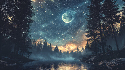 Wall Mural - Moonlit Dreamscape: A serene and atmospheric photograph captures a tranquil lake reflecting the ethereal glow of the full moon, surrounded by a mystical forest under a star-studded night sky.