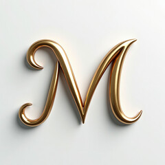 Poster - Elegant 3D gold letter M in a connected monoline script style. Metallic handwritten element with beveled edges, isolated on white background. Sophisticated asset