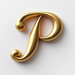 Poster - Elegant 3D gold letter P in a connected monoline script style. Metallic handwritten element with beveled edges, isolated on white background. Sophisticated asset