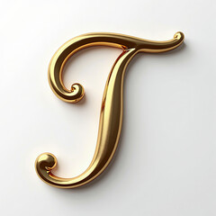 Poster - Elegant 3D gold letter T in a connected monoline script style. Metallic handwritten element with beveled edges, isolated on white background. Sophisticated asset