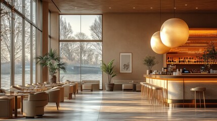 Poster - cozy beige restaurant interior,bar counter,dining tables mock up wall
