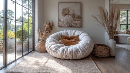 Poster - cozy nook,a round snuggle chair soft pillows abstract art,decorative vases in a neutral toned space shabby chic french country interior design of modern hall home entryway,photo stock