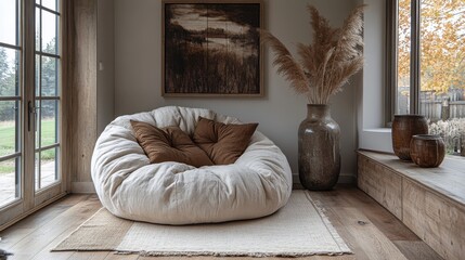 Poster - cozy nook,a round snuggle chair soft pillows abstract art,decorative vases in a neutral toned space shabby chic french country interior design of modern hall home entryway,stock image