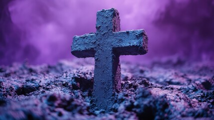 Aufkleber - cross imprint in gray ash on purple background ash wednesday copy space