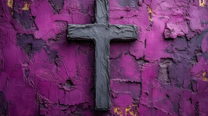Aufkleber - cross imprint in gray ash on purple background ash wednesday copy space,stock photo