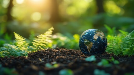 Poster - crystal earth on soil in forest,ferns,sunlight environment save clean planet ecology concept earth day banner,copy space,stock image