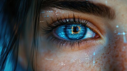 Poster - cybernetic vision close up of a woman s eye,futuristic digital data overlay showcasing technological advancement,stock photo