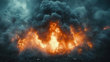Aufkleber - dark ominous scene,smoke,explosions indicating a chaotic battle or wartime situation,stock photo