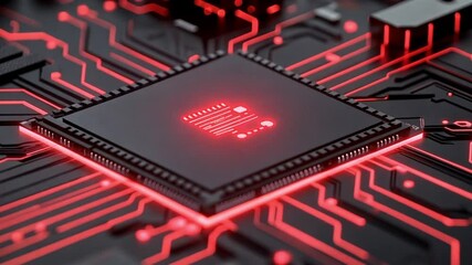 Poster - Red Illuminated Microchip:  A Close-Up of Advanced Technology