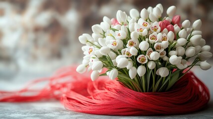 Aufkleber - delicate bouquet of snowdrops flowers,martenitsa red string for martisor on clean background,copy space baba marta day banner,stock photo