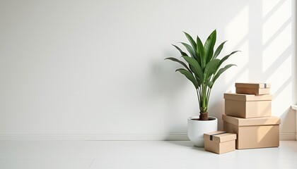 Poster - Modern interior with potted plant and stacked boxes against white wall  