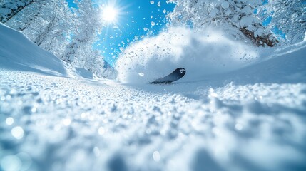 Aufkleber - detail of a ski,snow flying in the air sunny day on the mountains,photo stock
