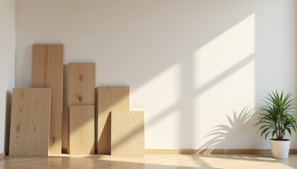 Poster - Minimalist wooden blocks with shadows in a bright room  