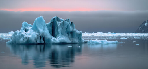 Wall Mural - Melting iceberg floating on calm ocean at sunset reflecting climate change