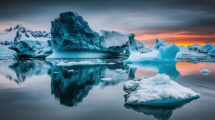 Wall Mural - Icebergs melting at sunset in a polar landscape reflecting climate change