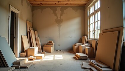Poster - Empty room with stacked boxes and sunlight through windows  