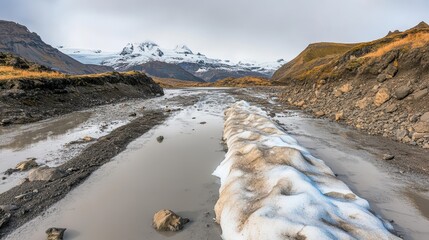 Wall Mural - Melting glacier creates river flowing through icelandic landscape