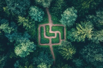 Aufkleber - Navigating through a forest maze with winding paths surrounded by lush greenery