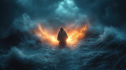 Poster - dramatic portrayal of jesus walking on turbulent waters during a raging storm emphasizing divine power,faith