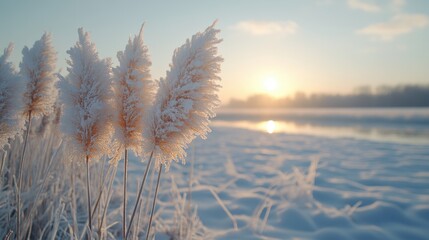 Poster - dry common reed is under bright sky on a cloudy winter day